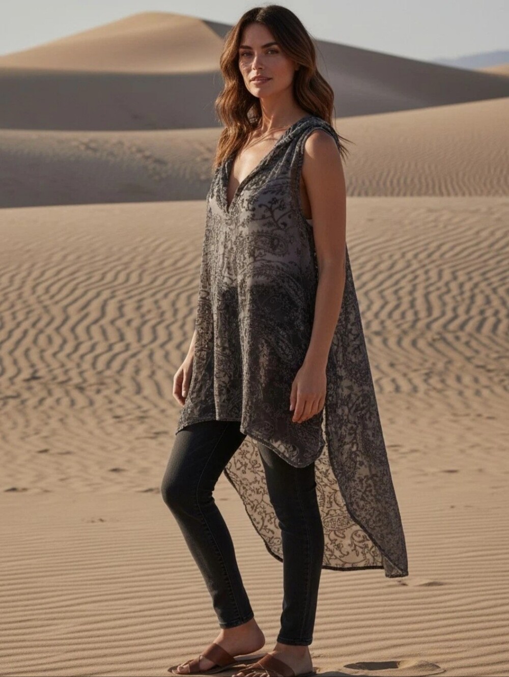 Knox Rose Charcoal Paisley Sheer V-Neck High-Low Tunic Boho Hippie